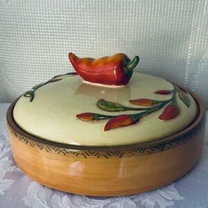 Clay Art Serrano Hand-Painted Ceramic Covered Dish with Red Chili Handle
